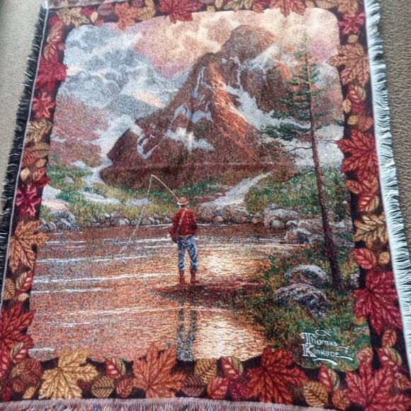 Thomas Kincade Painter of Light Vintage Throw Blanket Fishing in Nature - Picture 2 of 5
